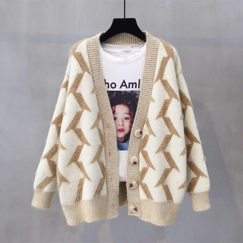 Damen Grobstrick Cardigan mit modernem Zickzackmuster und Knopfdetails Drune