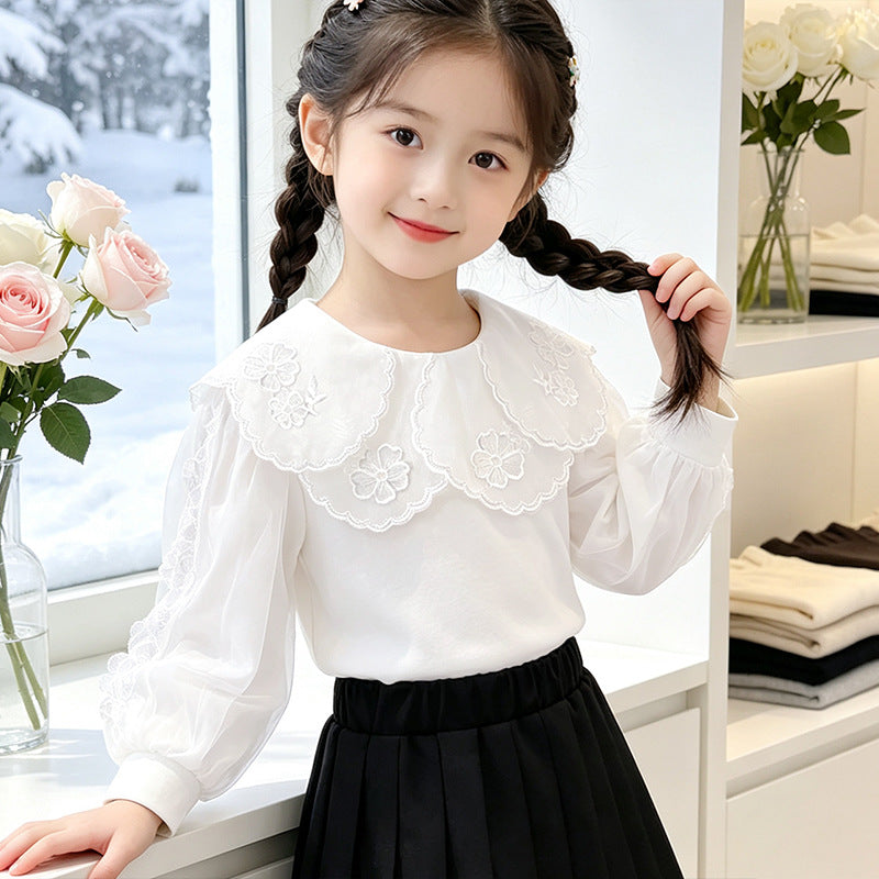 Mädchen elegante Bluse mit verzierter Rückenöffnung und Tüllärmeln Drune