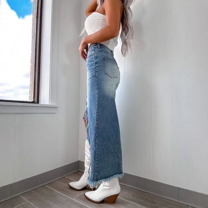 Damen Midilange Jeansrock mit teils fransigem Saum und hohem Schlitz Drune