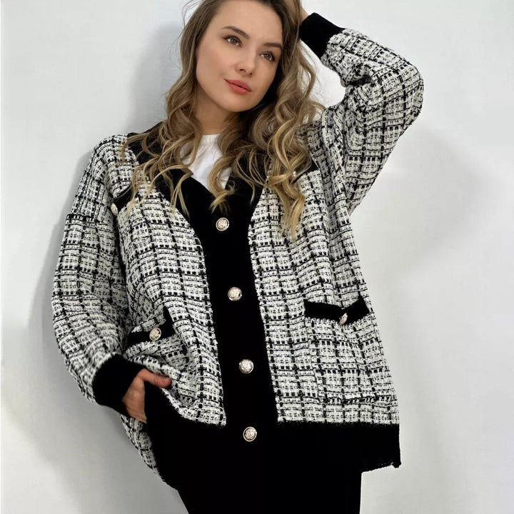 Damen modische Strickjacke mit eleganter Karo-Optik und Taschen Drune