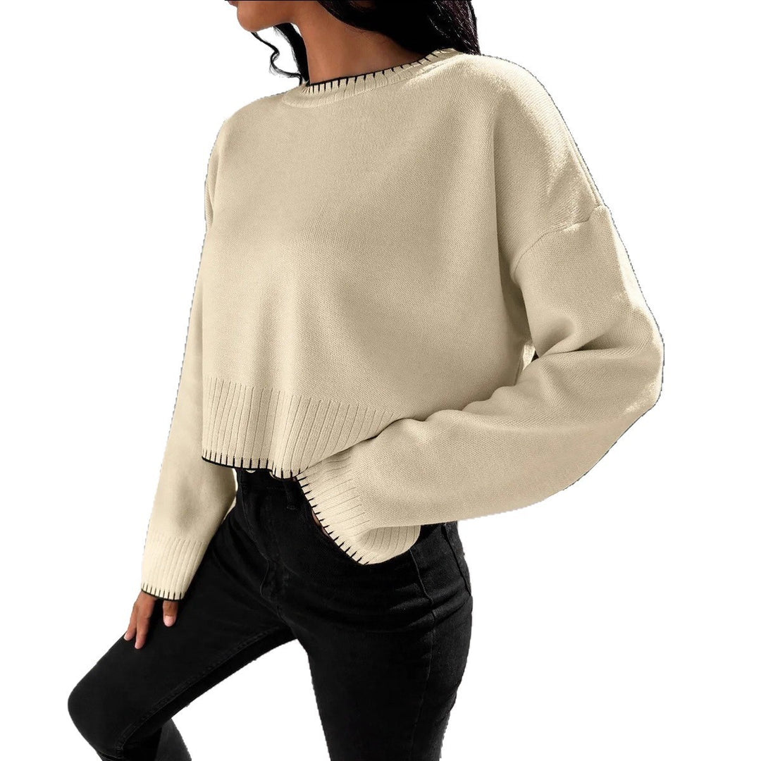 Damen lässiger Crop-Pullover mit strukturierten Säumen und Rundhalsausschnitt Drune