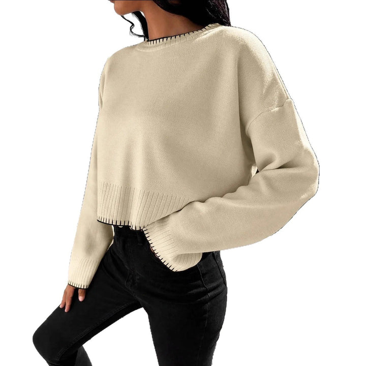 Damen lässiger Crop-Pullover mit strukturierten Säumen und Rundhalsausschnitt Drune