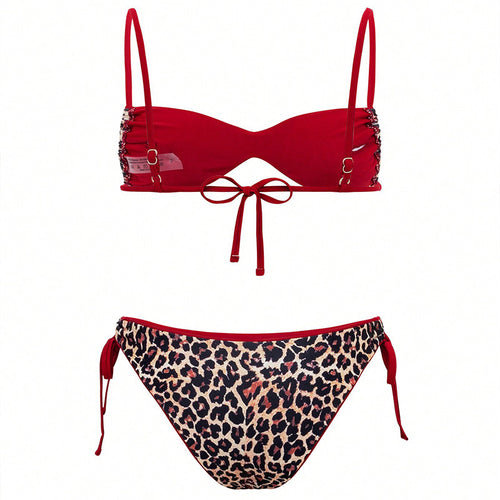 Damen Triangel-Bikini mit tierischem Druck und verstellbaren Bindebändern Drune