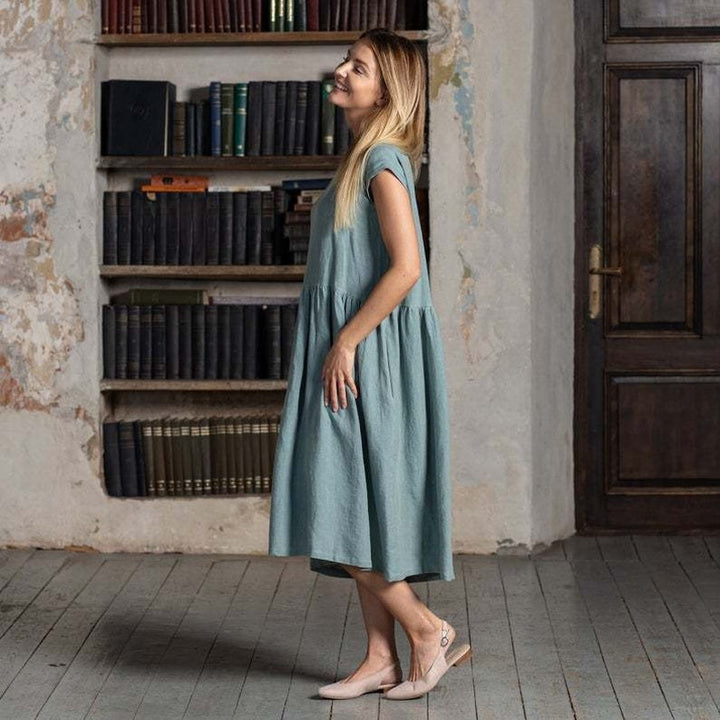 Damen luftiges Leinen-Midikleid mit tailliertem Schnitt und voluminösem Saum Drune