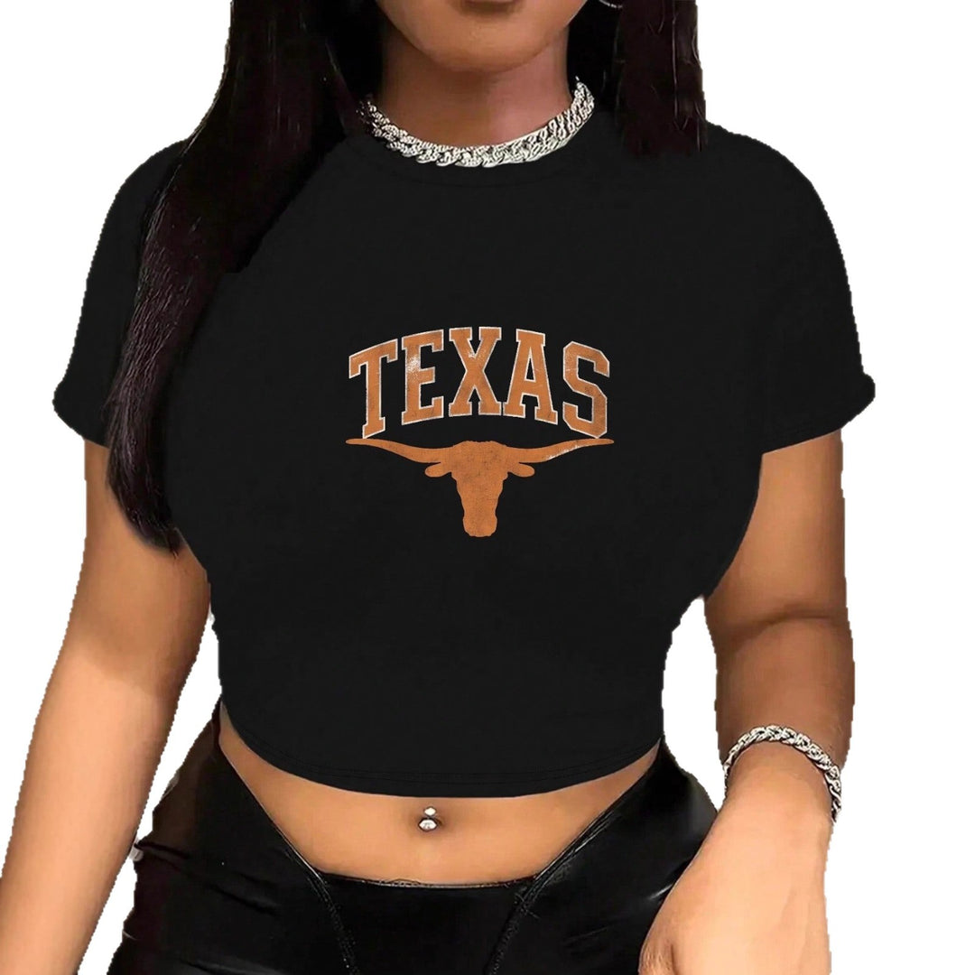 Damen Crop-T-Shirt mit kreativem Texas-Design und figurbetontem Schnitt Drune
