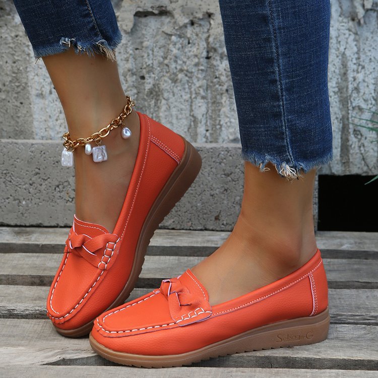 Damen nan Mokassin-Loafer mit geflochtenem Vorderblatt sichtbarer Kontrastnaht und ergonomischer Keilsohle Drune
