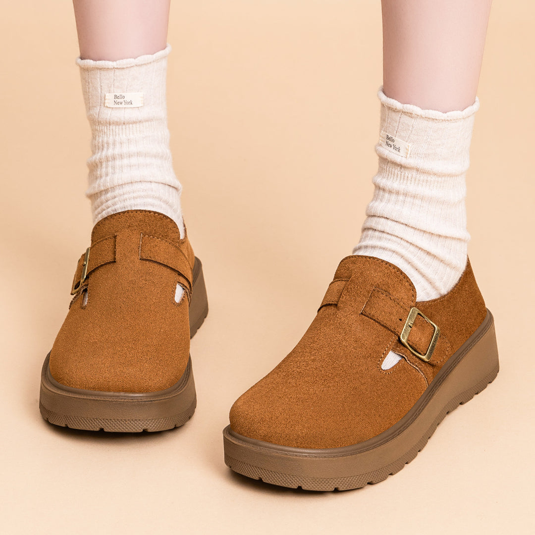 Damen nan Plateau-Mary-Jane Slipper mit Velourslederoberfläche und verstellbarer Metallschnalle Drune