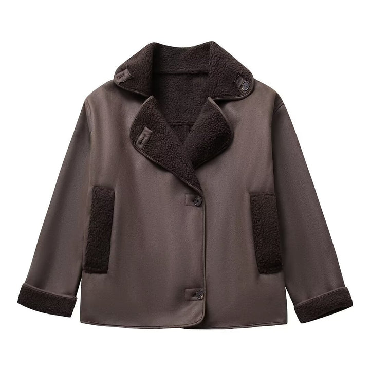 Damen nan kurze Winterjacke mit weichem Teddyfutter, Umschlagkragen und Knopfleiste Drune