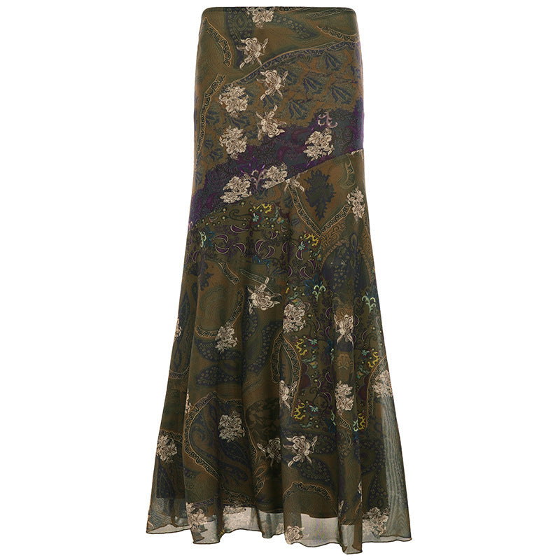 Damen Langer, eleganter Rock im Vintage-Stil mit floralem Muster und fließendem Schnitt Drune