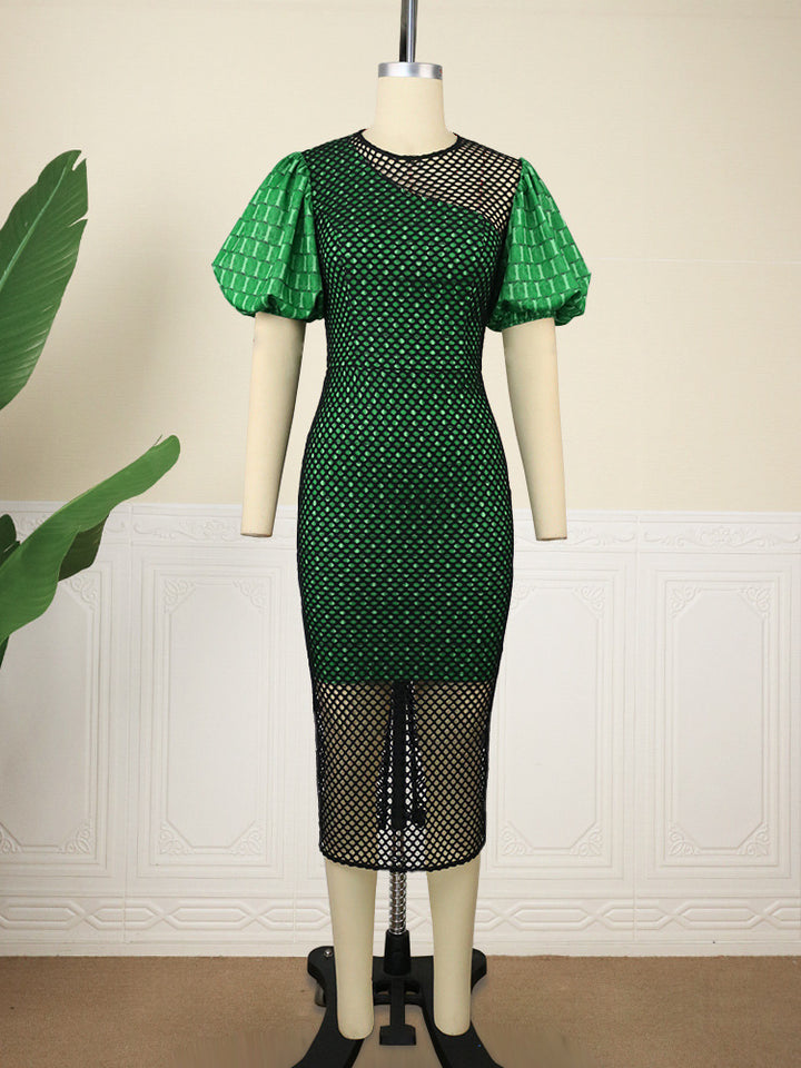 Damen figurbetontes Kleid mit innovativem Netzdesign und voluminösen Puffärmeln Drune