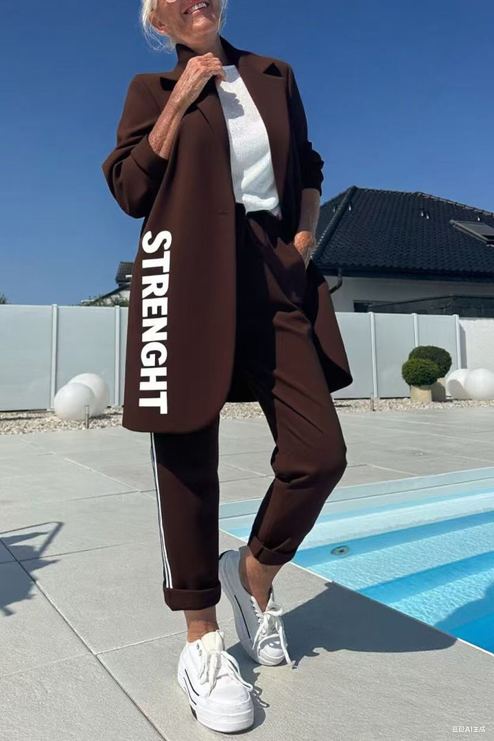 Drune | Length Letter Printed Trenchcoat und Hose Zweiteiler Satz