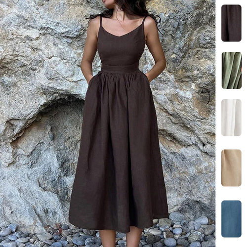 Damen Langes Leinenkleid mit tiefem V-Ausschnitt und taillierter Taille Drune