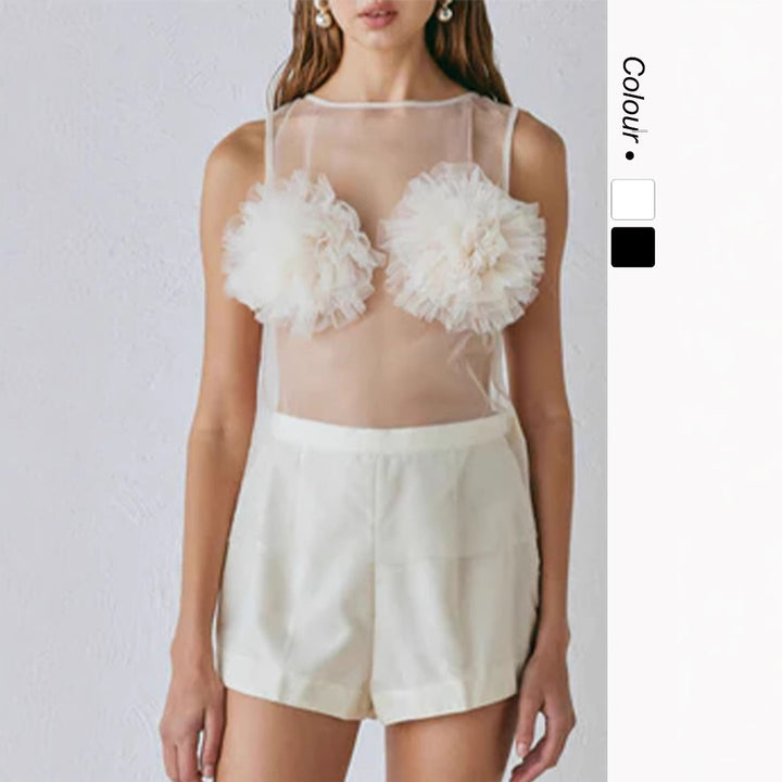 Damen Transparente Bluse mit voluminösen Rüschen Drune