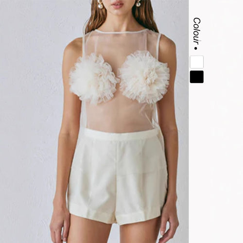 Damen Transparente Bluse mit voluminösen Rüschen Drune