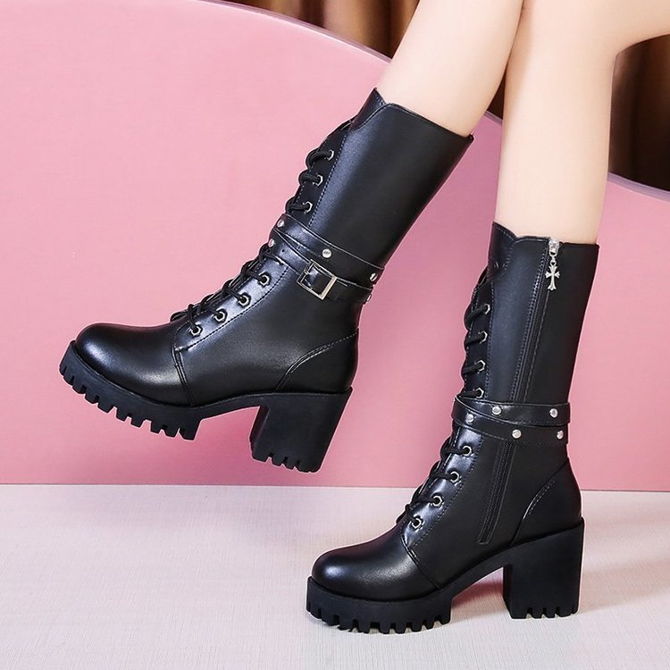 Damen nan mittelhohe Schnürstiefel mit Profilsohle, Blockabsatz und Ziergurt Drune