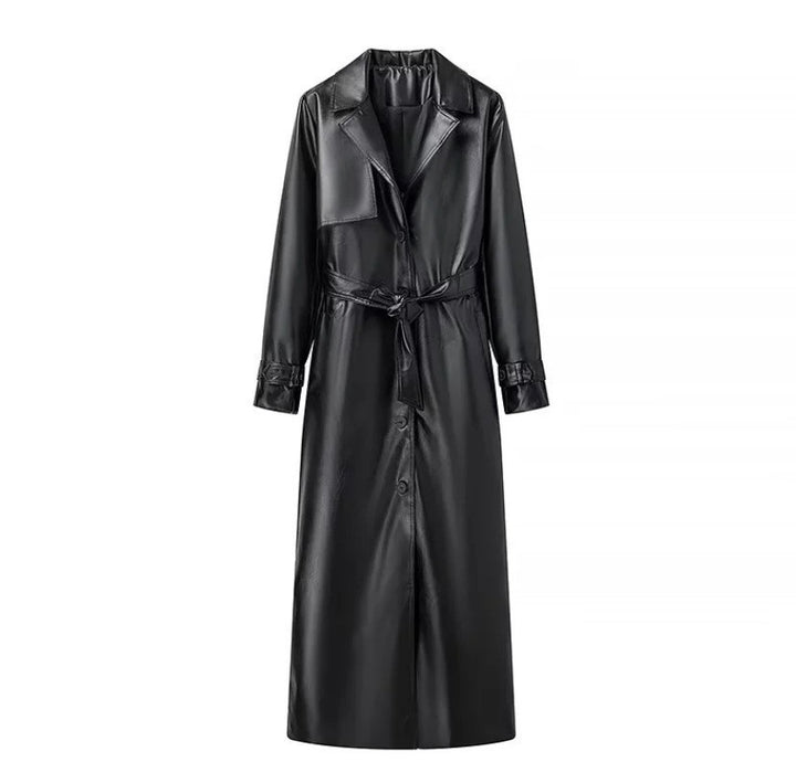 Damen leichte Kunstleder-Trenchjacke mit dekorativem Gürtel und modernen Details Drune