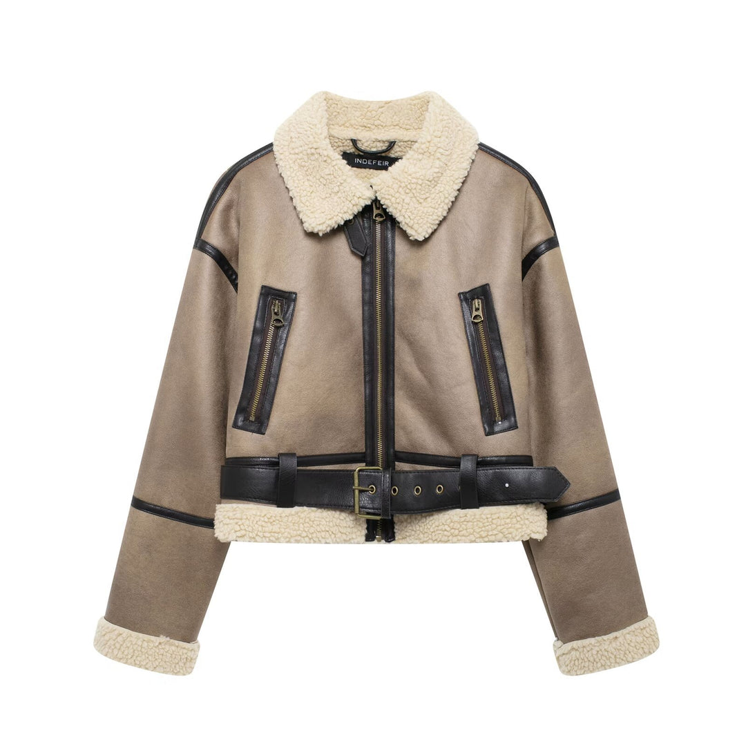 Damen Modische Übergangsjacke aus hochwertigem Kunstleder mit Teddyfell-Kragen und praktischen Taschen Drune