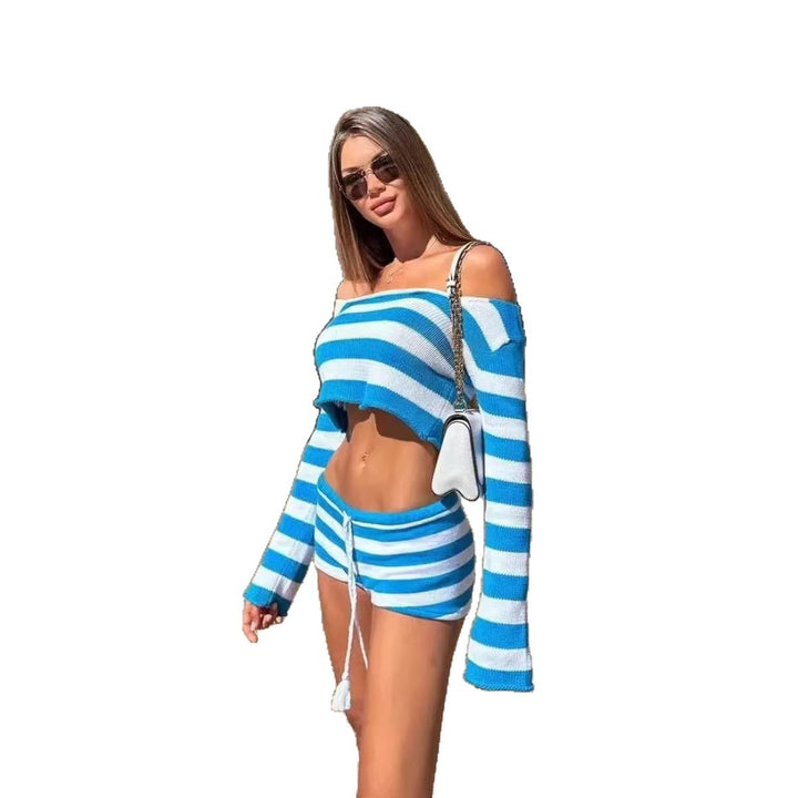 Damen lässiges Strand-Set mit cropped Pullover und kurzen Hosen Drune