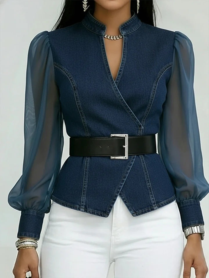 Damen Jeansbluse mit transparenten Ärmeln und tailliertem Design Drune