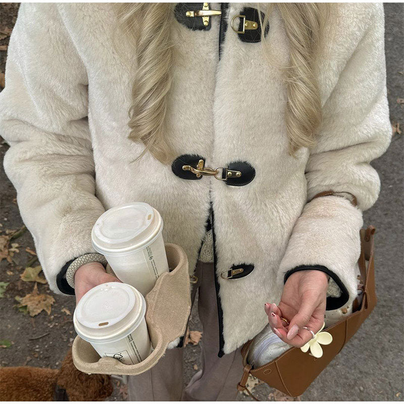 Damen kuschelige Teddy-Jacke mit hochwertiger Lederverarbeitung Drune