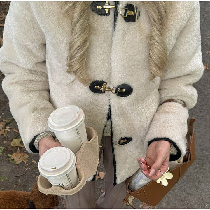 Damen kuschelige Teddy-Jacke mit hochwertiger Lederverarbeitung Drune