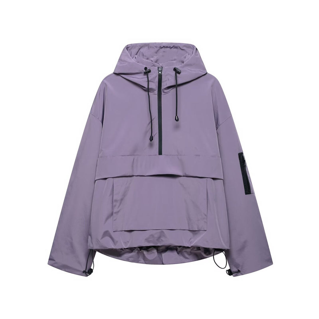 Damen nan winddichter Oversize Anorak mit Halbzip, Kängurutasche und verstellbarer Kapuze Drune