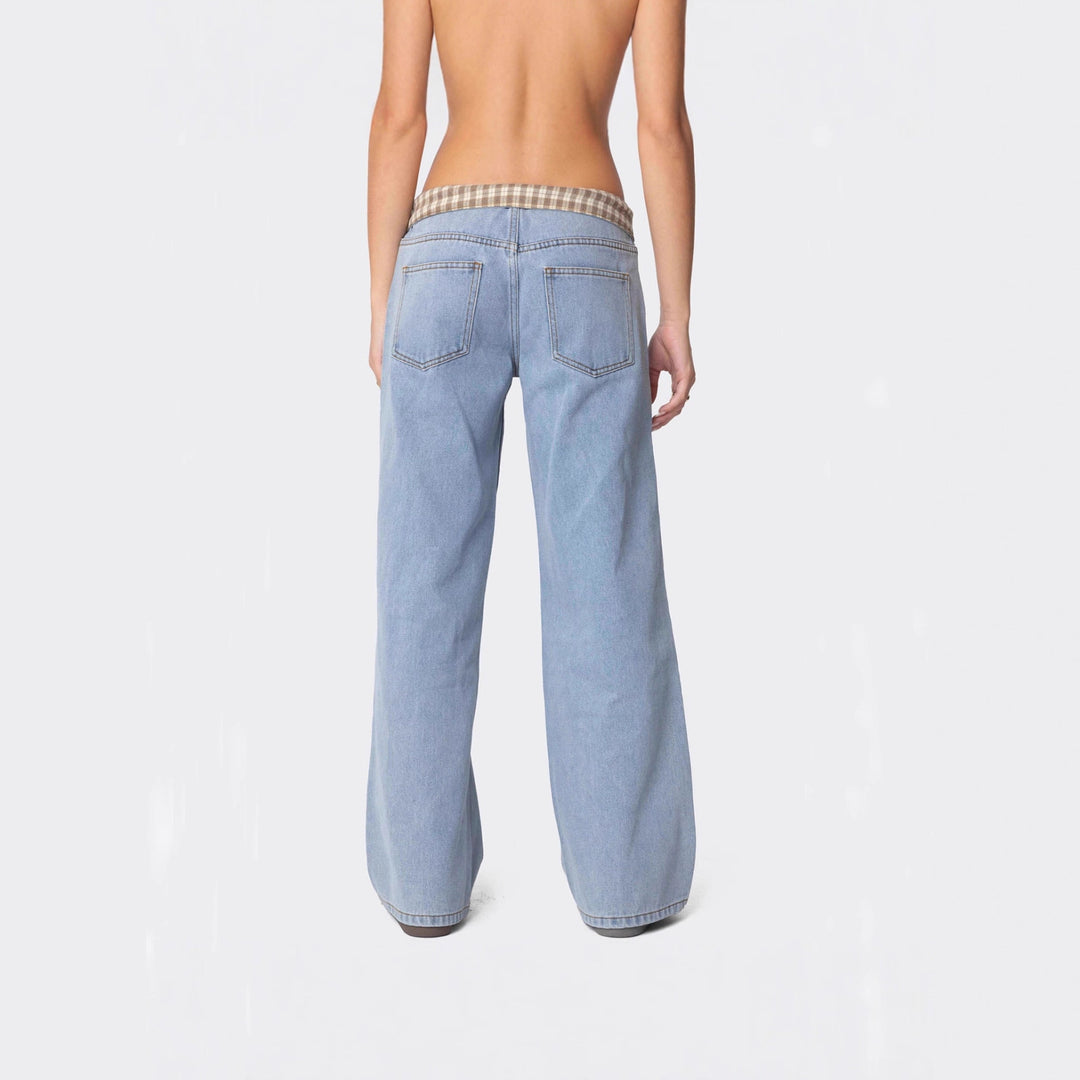 Damen Weite Jeans mit kariertem Bund Drune