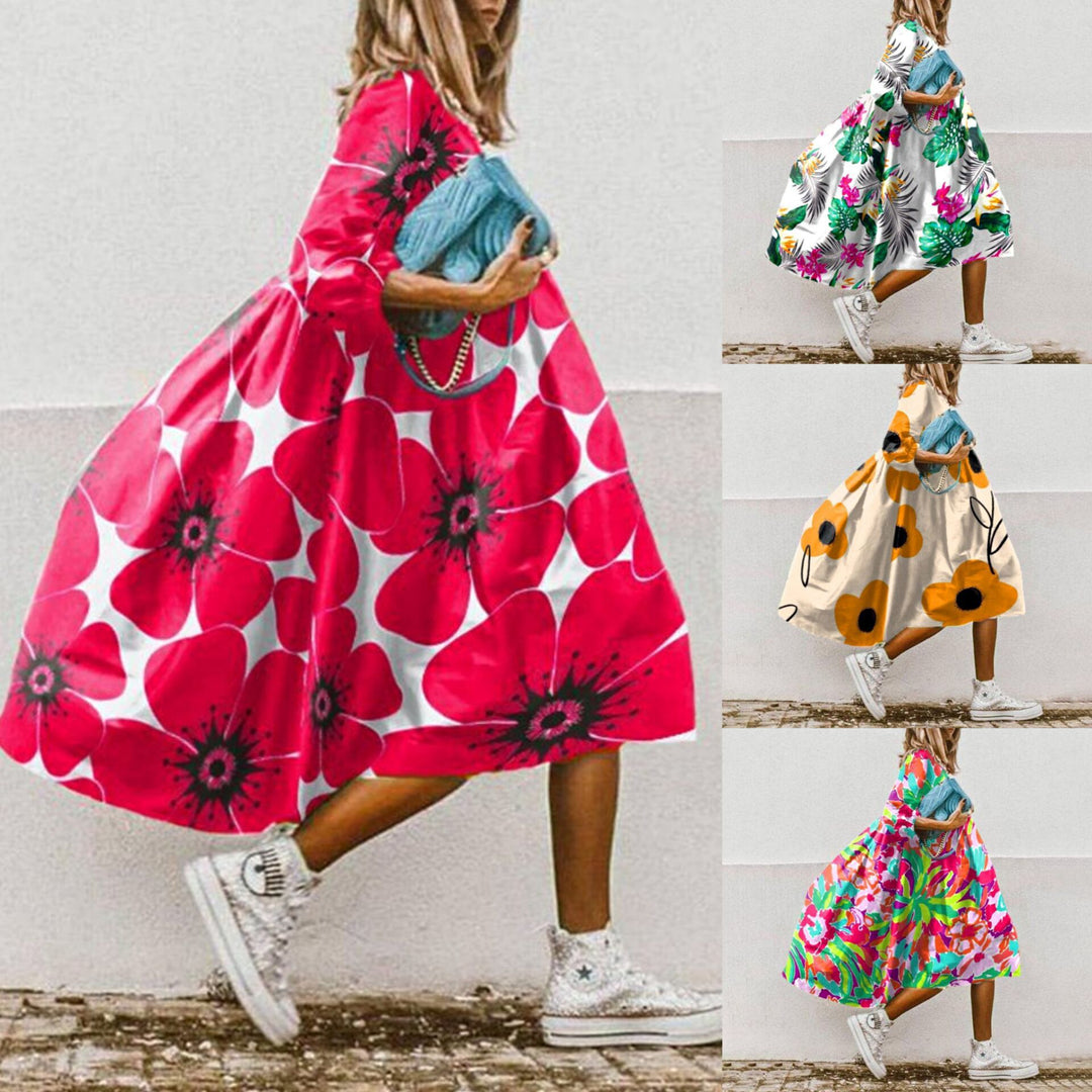 Damen nan leichtes Baumwoll-Swingkleid mit großem Blumenprint, 3/4-Ballonärmeln und geraffter Taille Drune