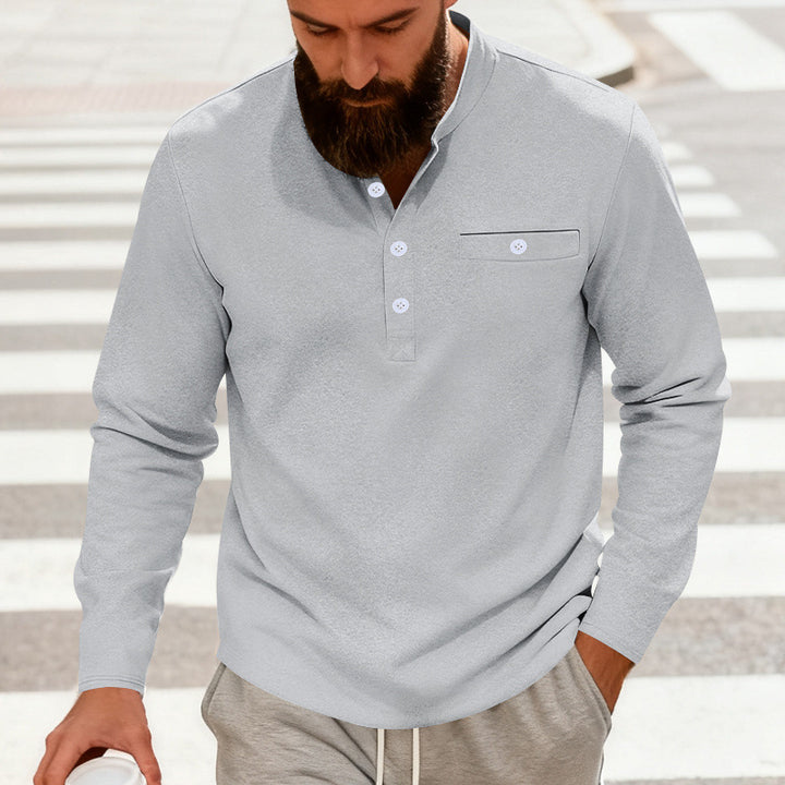 Herren nan lässiges Langarm-Henleyshirt aus Baumwollmischung mit Brusttasche Drune