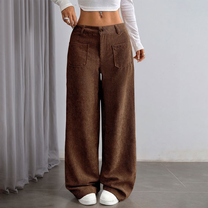 Damen weite Cord-Hose mit Taschen und hohen Bund Drune