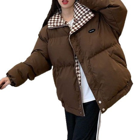 Damen Modische Oversized-Winterjacke mit kariertem Kragen Drune