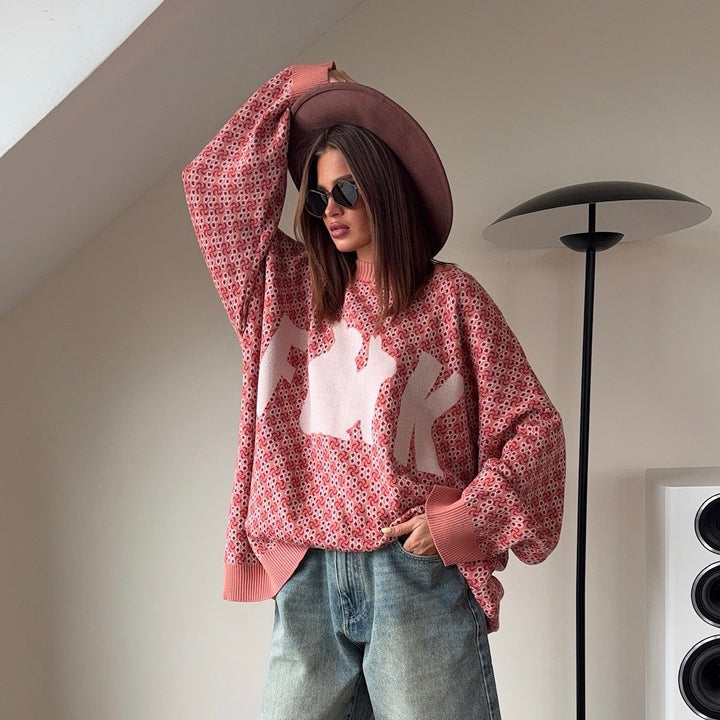 Damen Oversized Strickpullover mit kreativem Motiv Drune