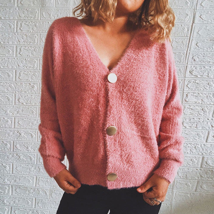 Damen kuschelige Strickjacke mit großen Knöpfen und oversize Passform Drune