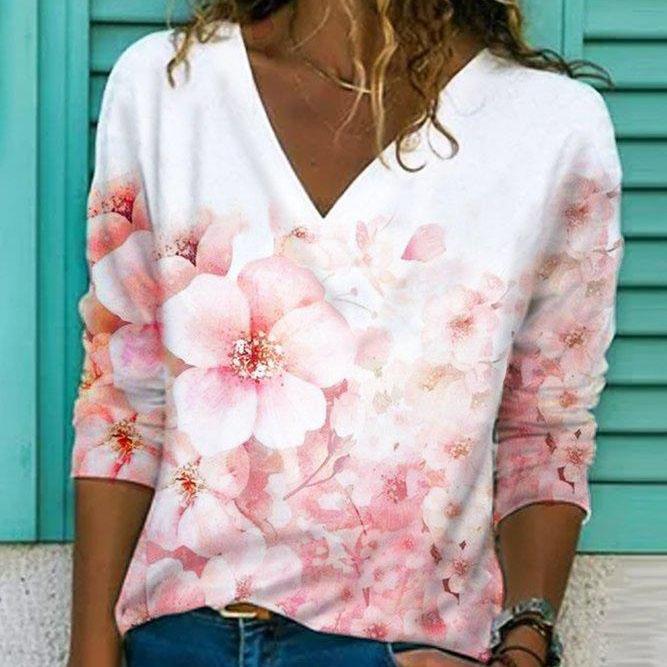 Damen V-Ausschnitt Pullover mit floralem Print Drune