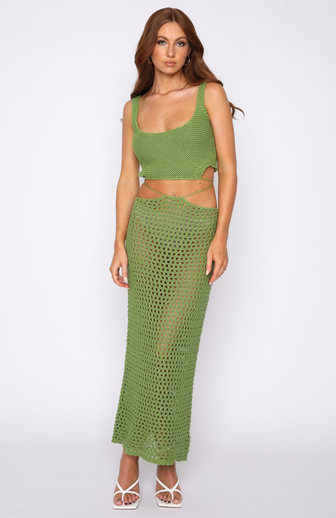 Damen gehäkeltes Crop-Top und Maxirock-Set mit seitlichen Schlitzen und Binde-Details Drune