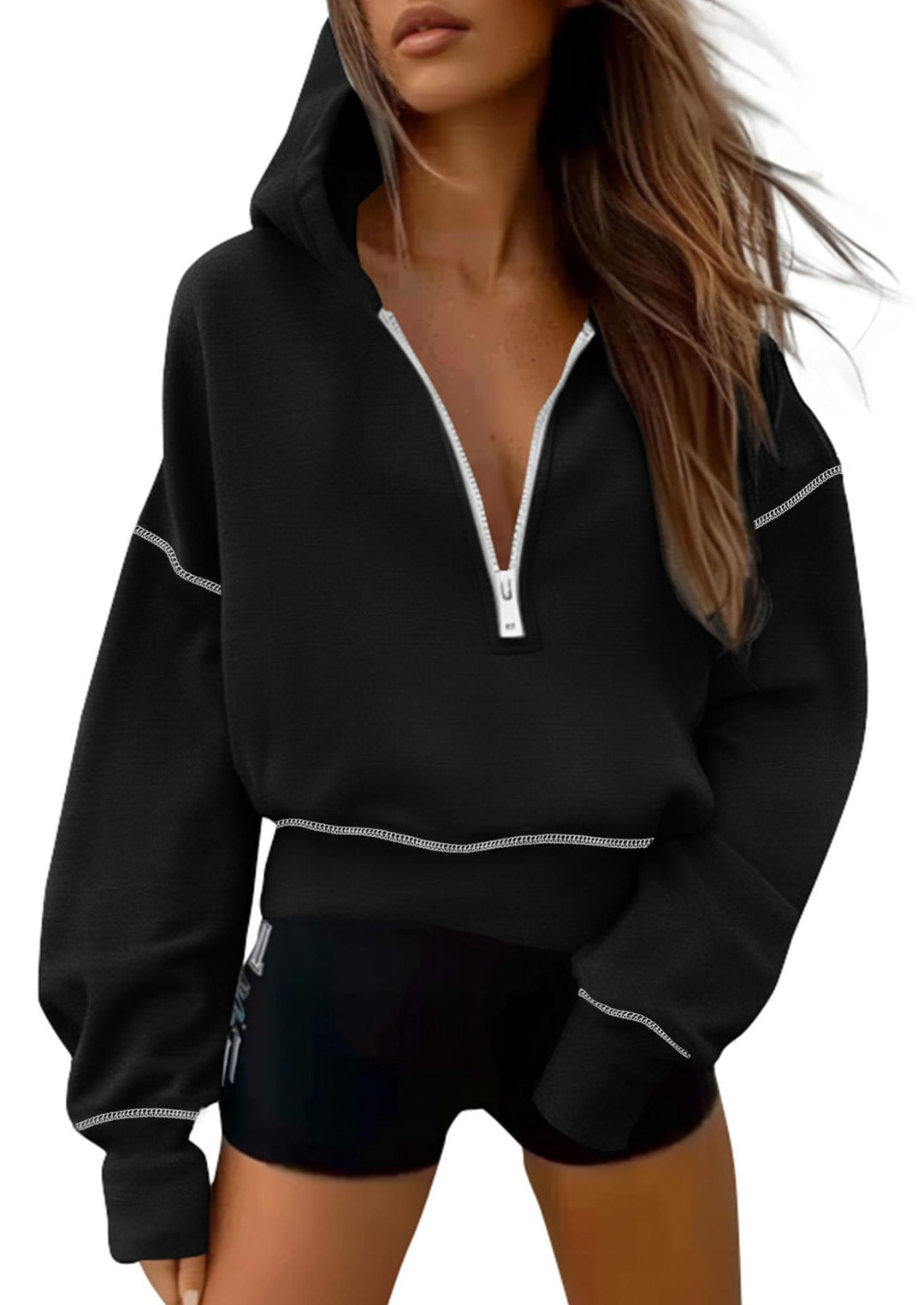 Damen nan cropped Kapuzenpullover mit halbem Reißverschluss und voluminösen Ballonärmeln Drune