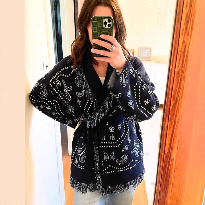 Damen Fransen Poncho mit Bandana-Muster Drune