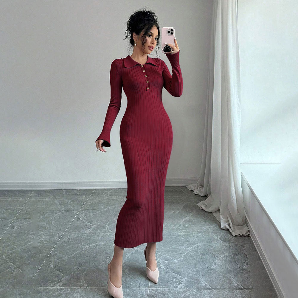 Damen Langarm-Kleid mit figurbetonendem Rippdesign und schickem Kragen Drune