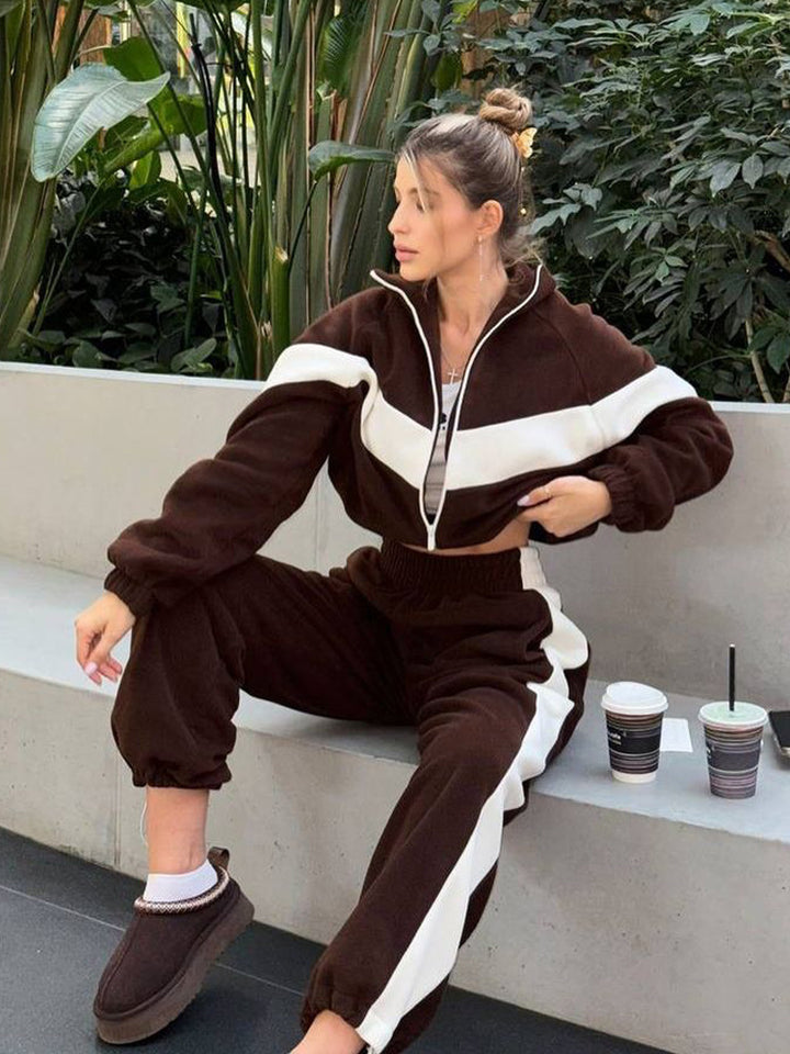 Damen nan kuscheliger Fleece-Trainingsanzug mit Zip-Jacke und elastischen Bündchen Drune
