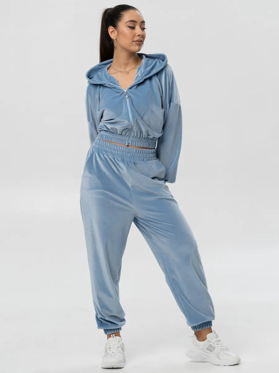 Damen Velours Freizeit-Set mit weichem Hoodie und bequemen Jogginghosen Drune