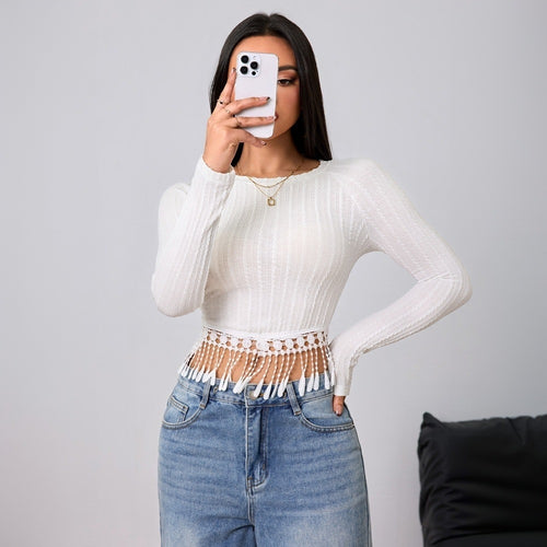 Damen Cropped Langarmshirt mit besonderen Fransen-Details Drune