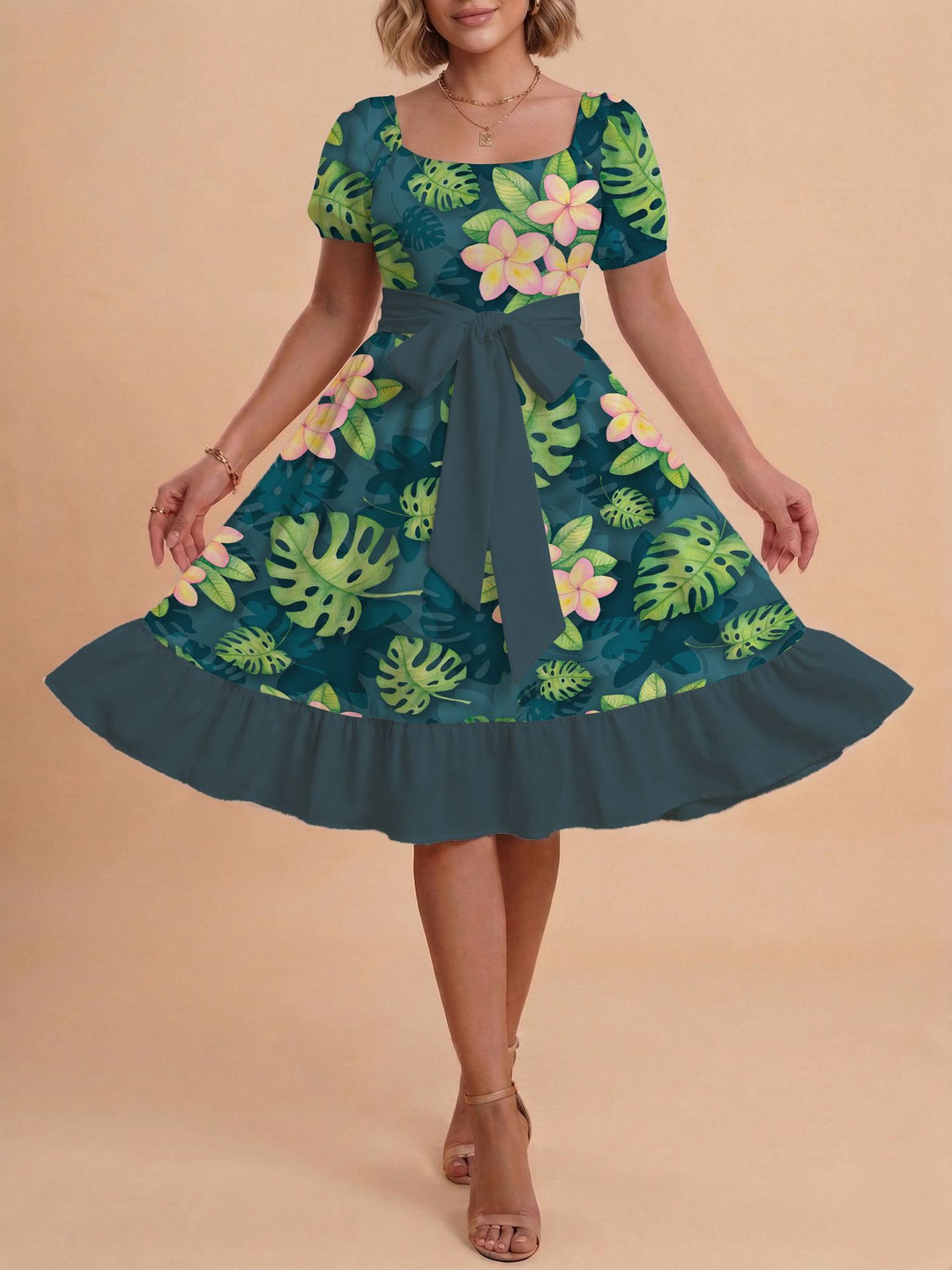 Damen Midikleid mit verspieltem Druck und tailliertem Schnitt Drune