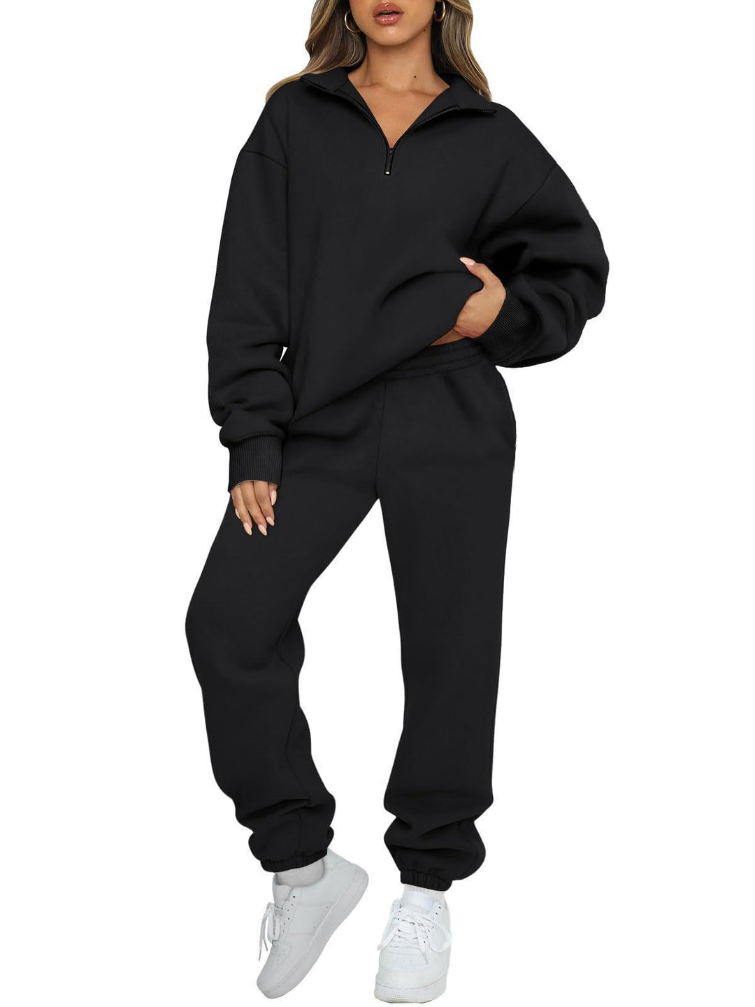 Damen nan lässiges Halbzip-Lounge-Set mit oversized Sweatshirt und taillenhoher Jogginghose Drune