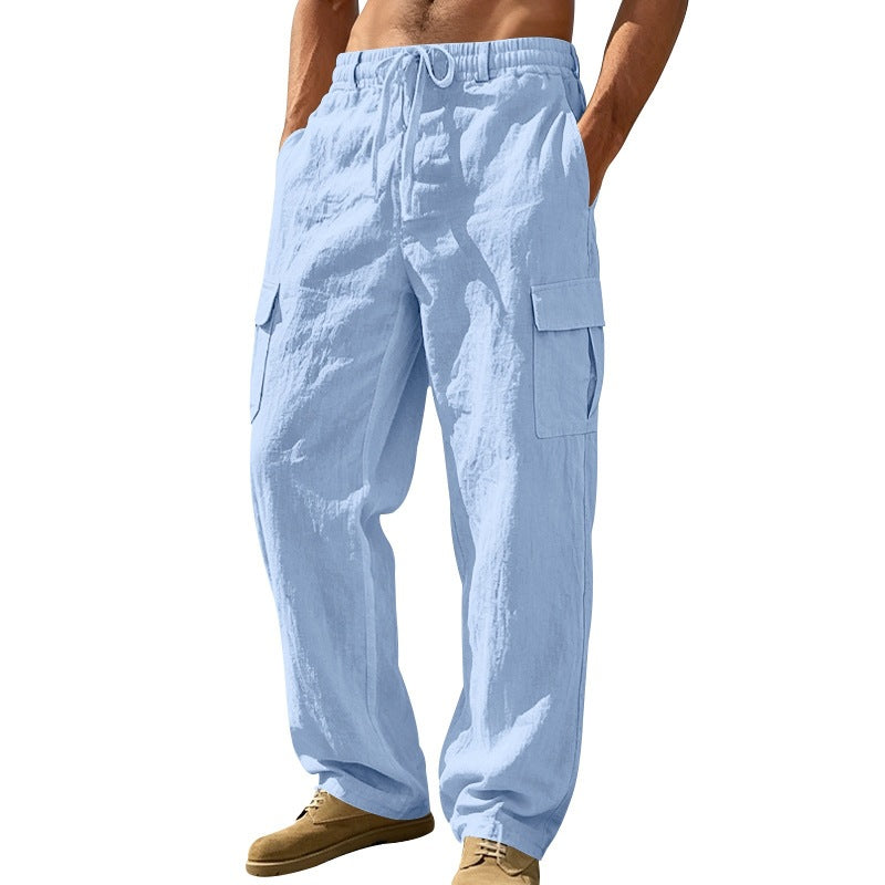 Herren nan entspannt geschnittene Strand-Cargohose aus Leinenblend mit elastischem Tunnelzug und zweifacher Klapptasche Drune
