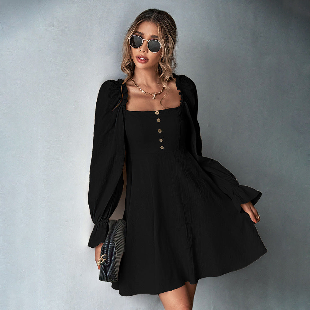 Damen Minikleid mit Puffärmeln und Knopfdetails Drune