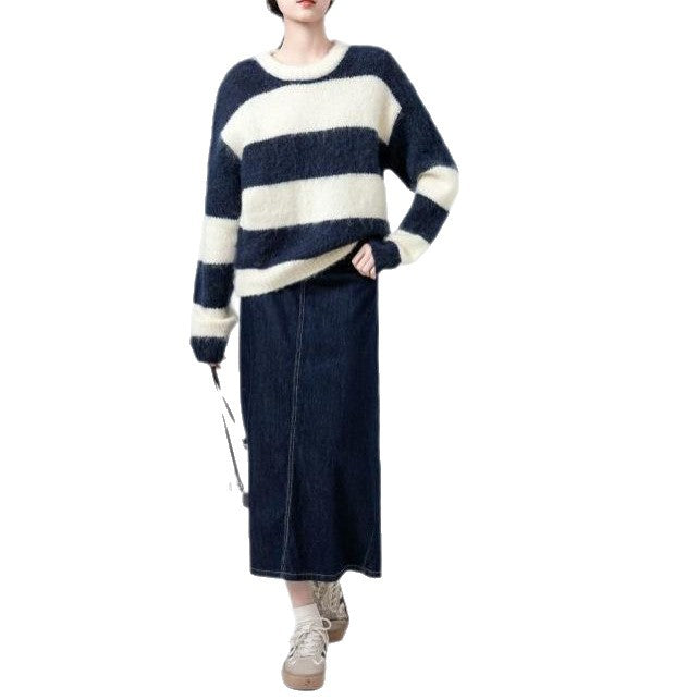 Damen Modischer Kuschel-Pullover mit Streifenmuster Drune