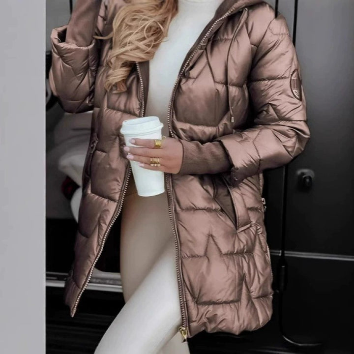 Damen lange, gefütterte Winterjacke mit Kapuze Drune