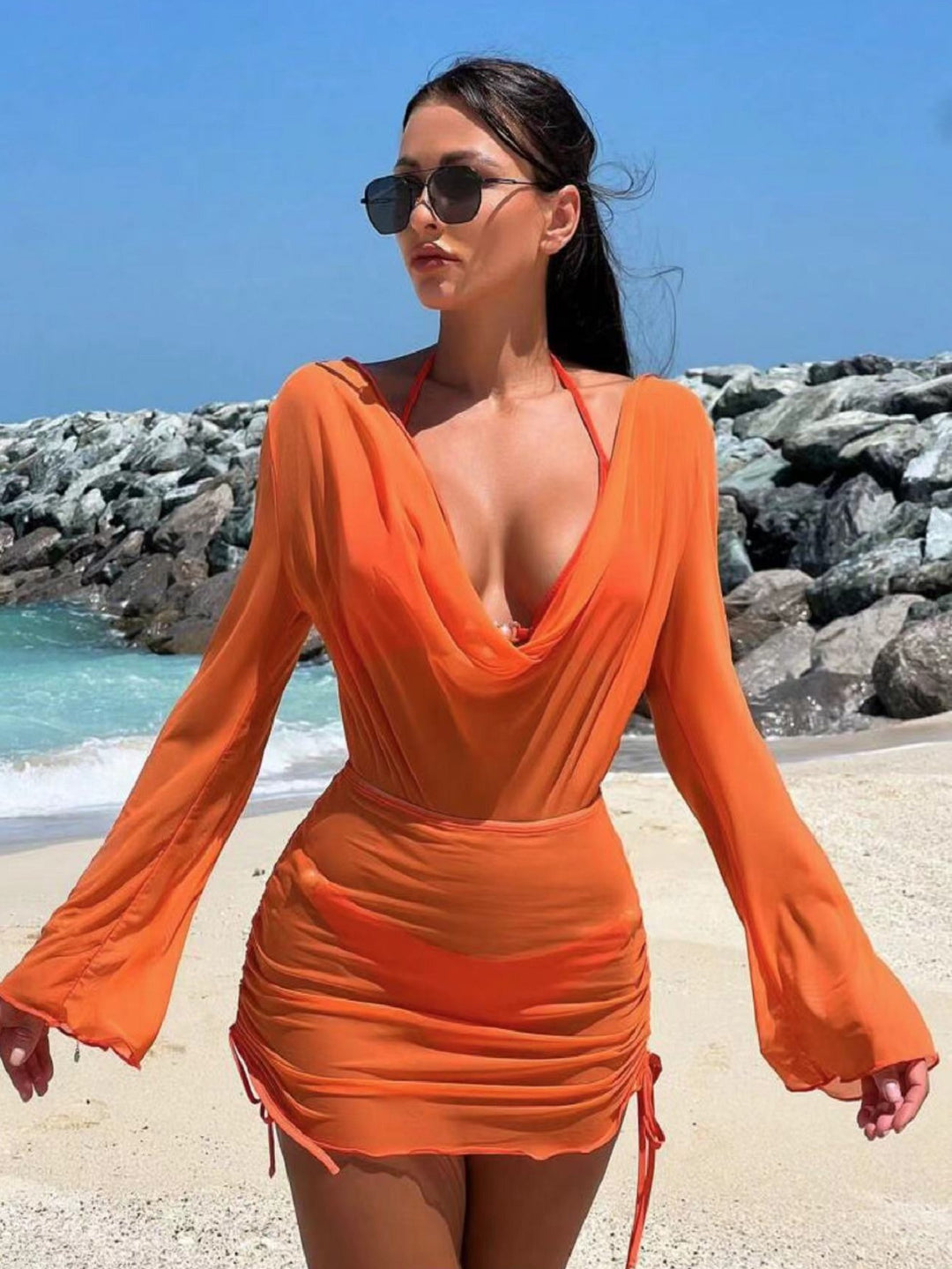 Damen Strandkleid mit elegantem Wickeldesign und langen Ärmeln Drune