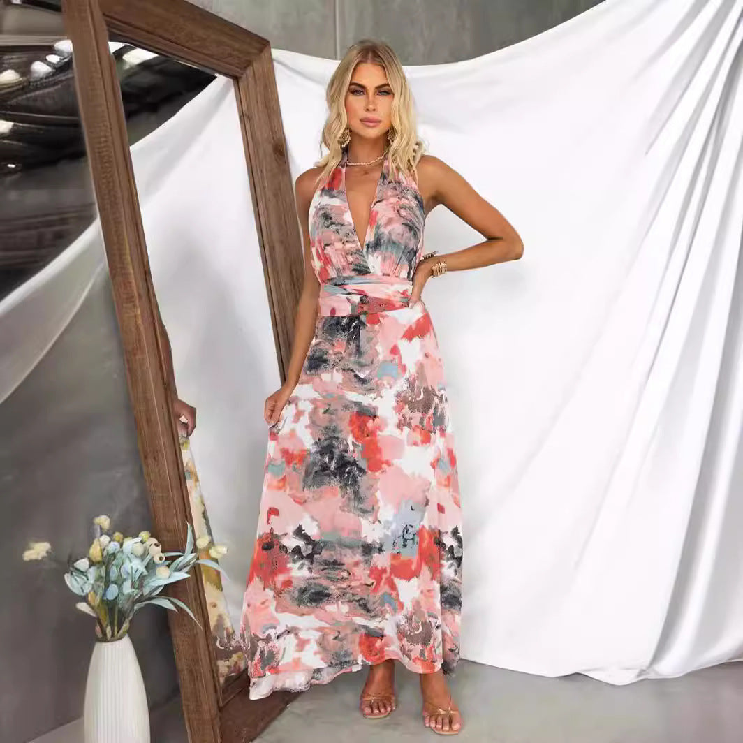 Damen Maxikleid mit tiefem V-Ausschnitt und elegantem Bindegürtel Drune