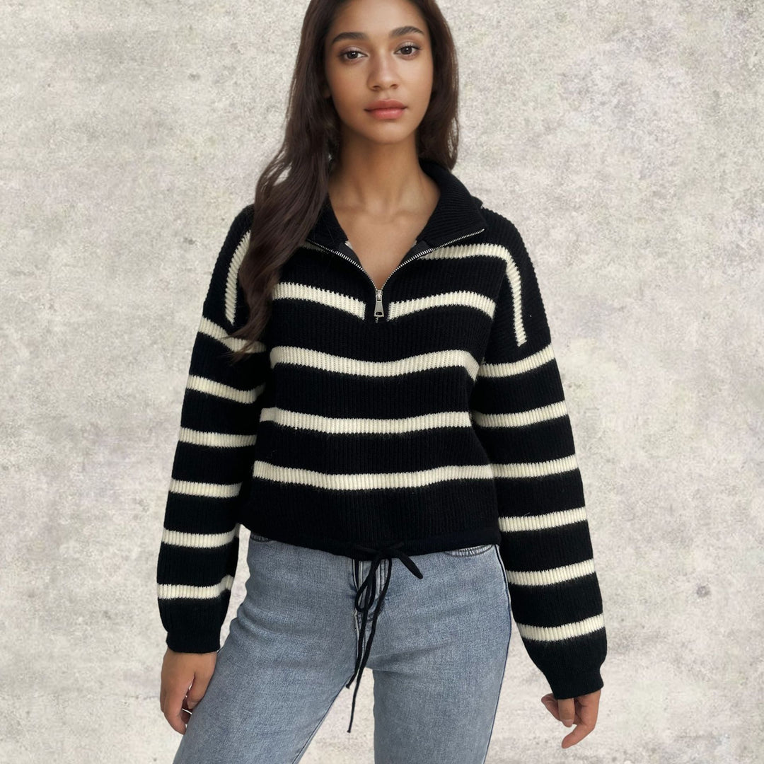 Damen Strickpullover mit Stehkragen und Kordelzug Drune